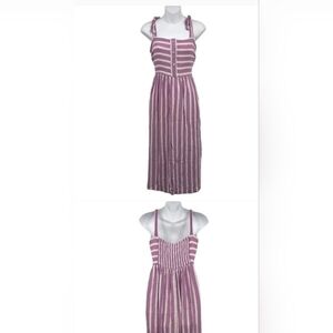 Melloday Striped Tie Strap Dress L Button Front Sleeveless Square Neck Smocked